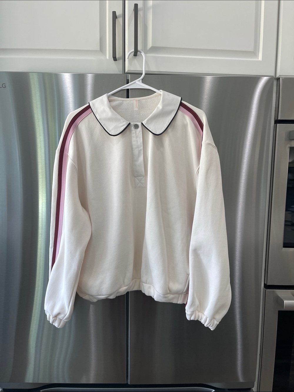 FP Movement by Free People Cream Pullover with Pink & Burgundy Shoulder Stripes